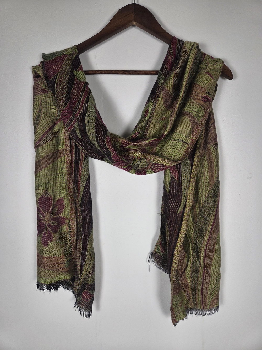 Vintage Kantha Stitch Silk Blend Scarf Boho Floral Olive Green Burgundy Wrap